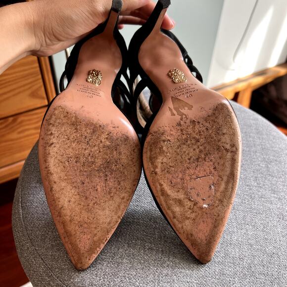 Aquazzura Belgravia Lattice Suede Pointed Toe Black Pumps size 40 SW - Picture 6 of 6